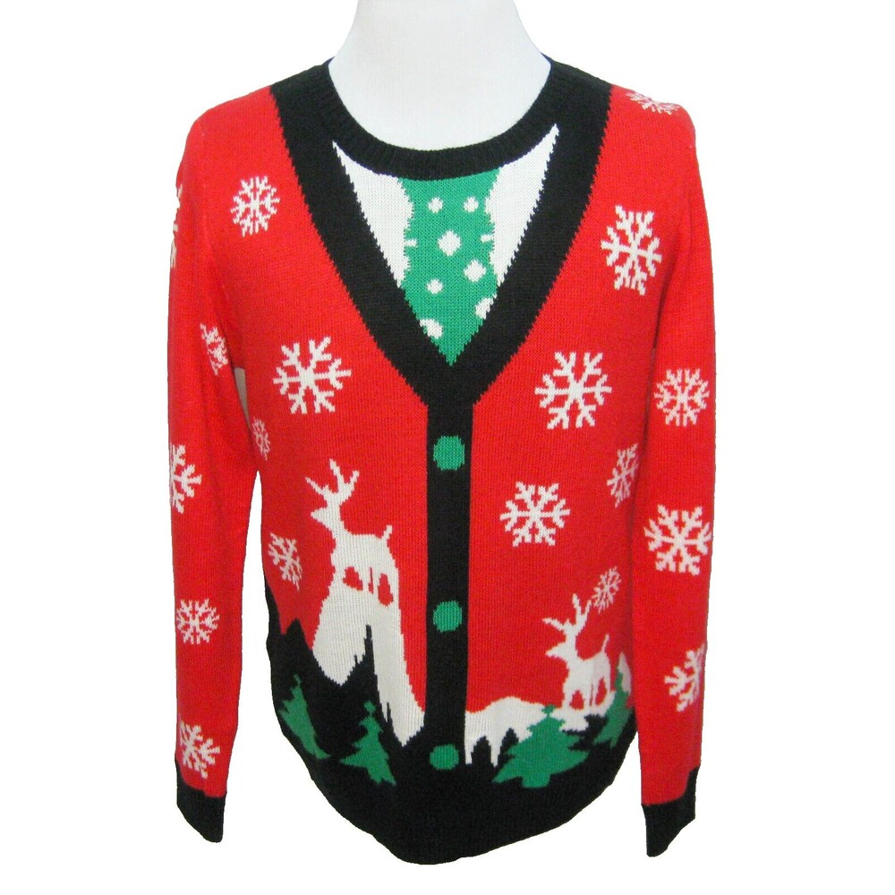 UGLY CHRISTMAS SWEATER Men's (Size Large) Red Reindeer Snowflake Long Sleeve Top